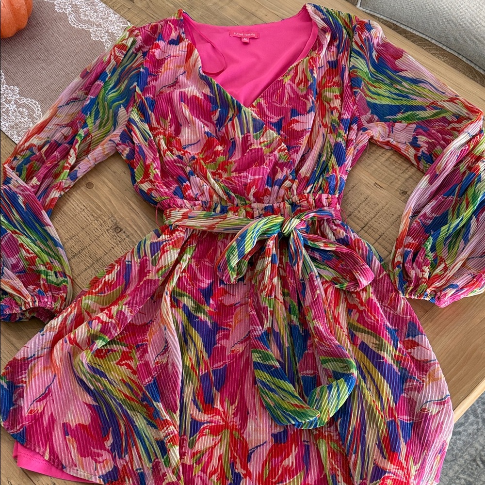 Flying Tomato Multicolor Pleated Floral Wrap Dress - Pink, Blue, Green